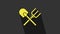 Yellow Shovel and rake icon isolated on grey background. Tool for horticulture, agriculture, gardening, farming. Ground