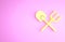 Yellow Shovel and rake icon isolated on pink background. Tool for horticulture, agriculture, gardening, farming. Ground