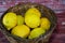 Yellow Sicilian lemons Citrus x limon in wicker basket and wooden background