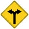 Yellow sign with two arrows. fork road yellow warning symbol.