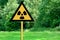 Yellow sign warning the nuclear risk in Chernobyl area in Ukraine, message about the danger of exposure to a high dose of absorbed