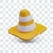 Yellow signal cone with white stripes. Plastic label for marking territory