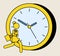 Yellow silhouette of a running girl on the background of large watch dial. Woman is late in a hurry