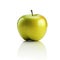 Yellow single realistic shiny apple with reflection on white background. AI generative illustration