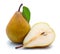 Yellow sliced pears with green leaf isolated