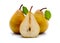 Yellow sliced pears with green leaf isolated