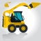 Yellow small digger loads building material.