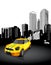 Yellow small sport car with cityscape