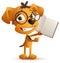Yellow smart dog teacher with glasses holds an open book