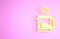 Yellow Smart electric kettle system icon isolated on pink background. Teapot icon. Internet of things concept with