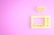 Yellow Smart microwave oven system icon isolated on pink background. Home appliances icon. Internet of things concept