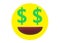 A yellow smiley emoticon of a smiling money eyed face white backdrop