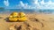 Yellow smiling flip-flops on a sunny beach.