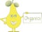 Yellow smiling pear with arms and legs, green eyes, leaves, plaque with the inscription Organics