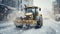 Yellow snowplough removing snow on the city street during heavy snowstorm. Snow removal tractor cleaning the road . Generative AI