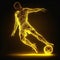 Yellow Soccer player kicker on black background kicking football with dramatic lighting.