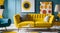 Yellow sofa against of colorful circle patterned wall. Mid century interior design of living room