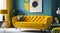 Yellow sofa against of colorful circle patterned wall. Mid century interior design of living room