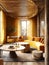 Yellow sofa in luxury art deco style interior design of modern living room with yellow curtains. Created with generative AI