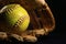 A yellow softball in an old, brown, leather glove.