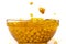 Yellow Soy Bean in Vegetable Oil pour fall down in Air. Golden Soybean mix with cooking oil pouring into bowl, soy bean is healthy