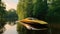 A Yellow Speedboat On A Green Lake. Generative AI