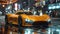 Yellow sports car cruising through wet nighttime city streets