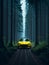Yellow sports car in a foggy forest. Unique image. AI
