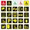 Yellow square disability icons set. Icons of mental, physical, sensory, intellectual deviations