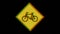 Yellow square warning sign with bicycle symbol with digital glitch effect. Warning bicycle