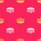 Yellow Stack of pancakes icon isolated seamless pattern on red background. Baking with syrup and cherry. Breakfast
