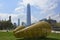 Yellow steel sculpture in Santiago, chile