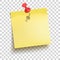 Yellow sticker attached red push button over transparent background. Memo note pinned drawing pin. Front or top view. Vector