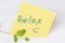 Yellow sticker handwritten word relax and smile, green fresh mint branch on white wooden background macro