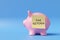 Yellow sticky note having the words TAX RETURN sticking on a pink piggy bank in blue background