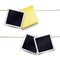 Yellow sticky note and photo frames attached metal paper clips on tapes. Template for design. Vector illustration