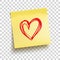 Yellow sticky note with red hand drawn heart. Vector