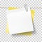 Yellow sticky note and white sheet of paper attached metal paper clip on tape. Template for design. Vector illustration