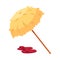 Yellow straw beach umbrella and red slippers - summer vacation elements