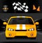 Yellow street racing car with sport checkered flag