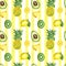 Yellow striped seamless pattern with isolated watercolor summer exotic fruits - ripe pineapple, avocado, kiwi fruit, lemon