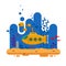 Yellow submarine with periscope underwater concept. Marine life with fish, coral, seaweed, colorful blue ocean landscape