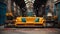 Yellow Suede Couch Placed Infront of Old Peeled Brick Wall Background