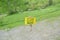 Yellow sugar house sign with arrow and green grass