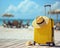 yellow suitcase hat and sunglasses on the beach.