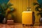 A yellow suitcase sitting on top of a hard wood floor. Yellow background copy space. Minimalist touristic concept