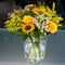 Yellow summerflowers in vase - yellow orange roses, sunflowers and chamomille in glass vase