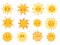 Yellow sun characters. Smile sun, summer weather emoticon. Cute comic cartoon faces, happy sunny holiday symbols
