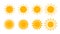 Yellow sun icon set. Flat sunshine logo summer. Simple hot sign. Sunlight burst isolated for ui, mobile. Climate symbol. Abstract