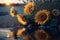 Yellow sunflowers with reflection in water, excellent summer flowers background, generative ai
